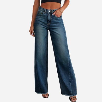 Women's wide leg jeans high waisted baggy raw hem denim in navy, front view