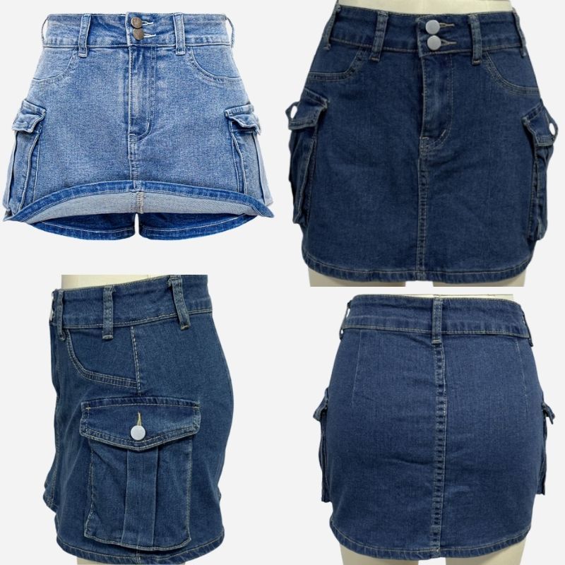 Women’s cargo denim mini skirt, front and back views
