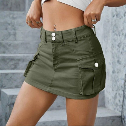 Women’s cargo denim mini skirt in green, side view
