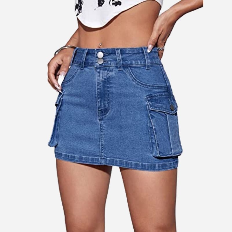 Women’s cargo denim mini skirt in navy, front view
