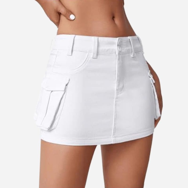 Women’s cargo denim mini skirt in white, front view