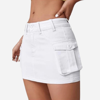 Women’s cargo denim mini skirt in white, side view