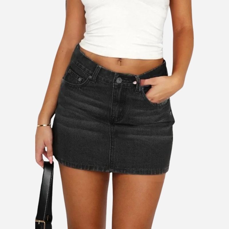 Women’s denim mini skirt slim fit low waist bodycon jean skirt in black, front view