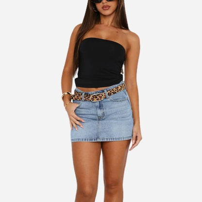 Women’s denim mini skirt slim fit low waist bodycon jean skirt in blue, front view