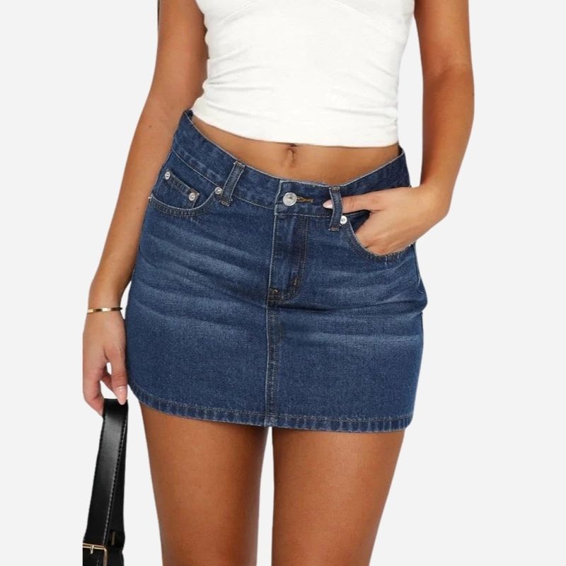 Women’s denim mini skirt slim fit low waist jean skirt in navy, front view