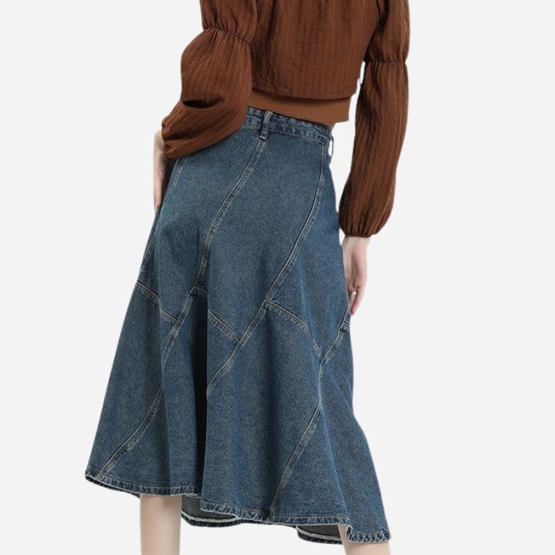 Women’s denim skirt high waist a-line ruffle hem midi jean skirt, back view