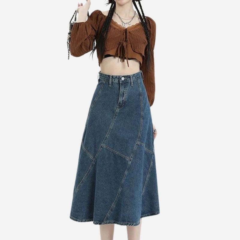 Women’s denim skirt high waist a-line ruffle hem midi jean skirt