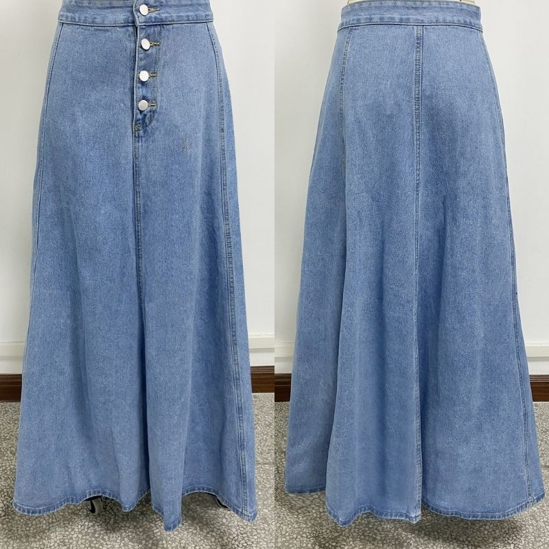 Women’s high waist button fly a-line flared long denim maxi skirt in blue, front and back views