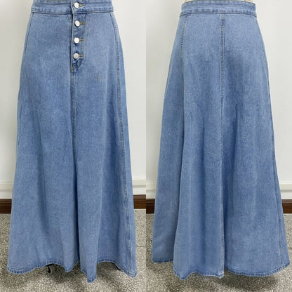 Women’s high waist button fly a-line flared long denim maxi skirt in blue, front and back views