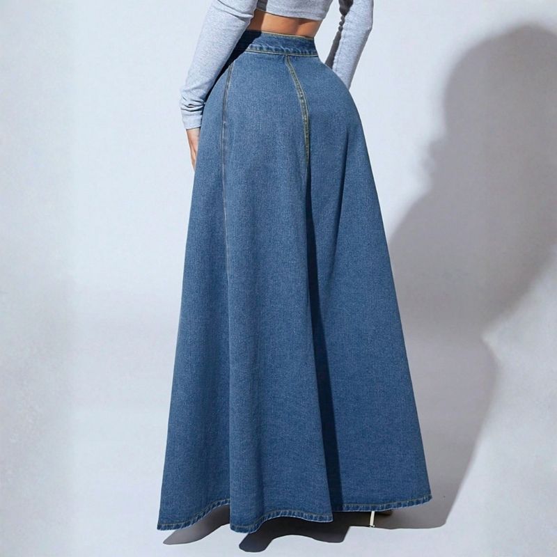 Women’s high waist button fly a-line flared long denim maxi skirt in navy, back view