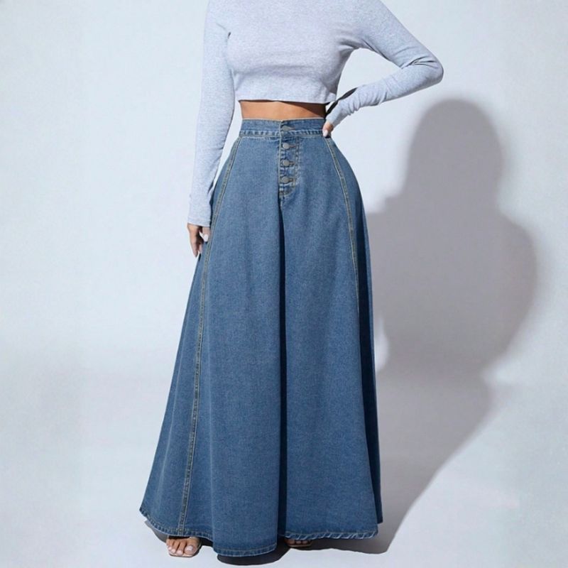 Women’s high waist button fly a-line flared long denim maxi skirt in navy, front view