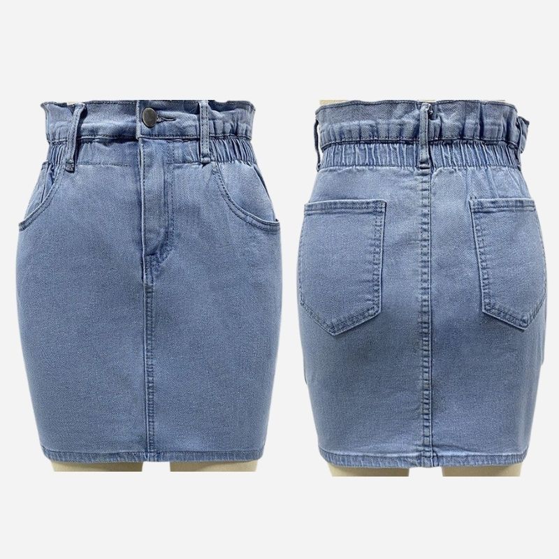 Women’s high waist denim skirt elastic waist bodycon pencil skirt, front and back views