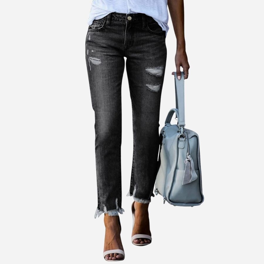 Women's jeans high waisted stretchy ripped distressed denim pants in black, front view