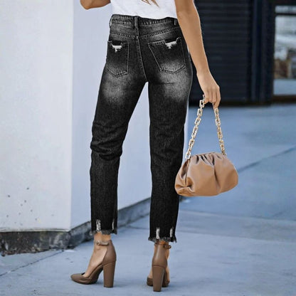 Women's jeans high waisted stretchy ripped distressed denim pants in black, back view