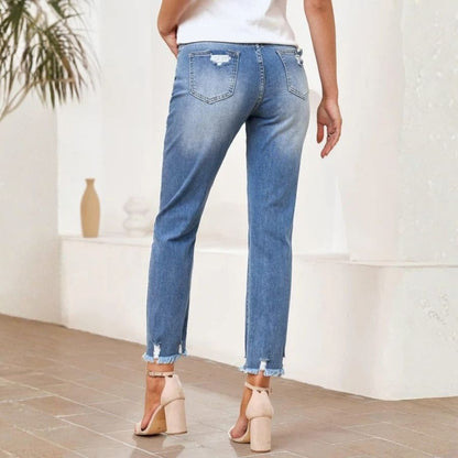 Women's jeans high waisted stretchy ripped distressed denim pants in blue, back view