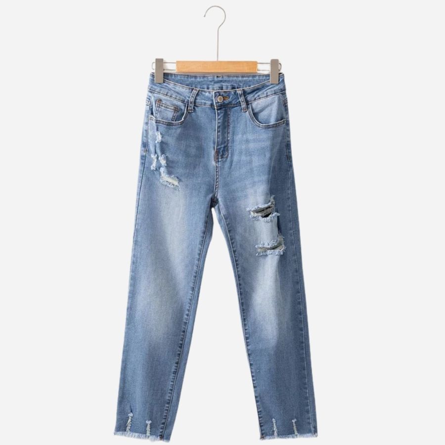 Women's jeans high waisted stretchy ripped distressed denim pants in blue, front view