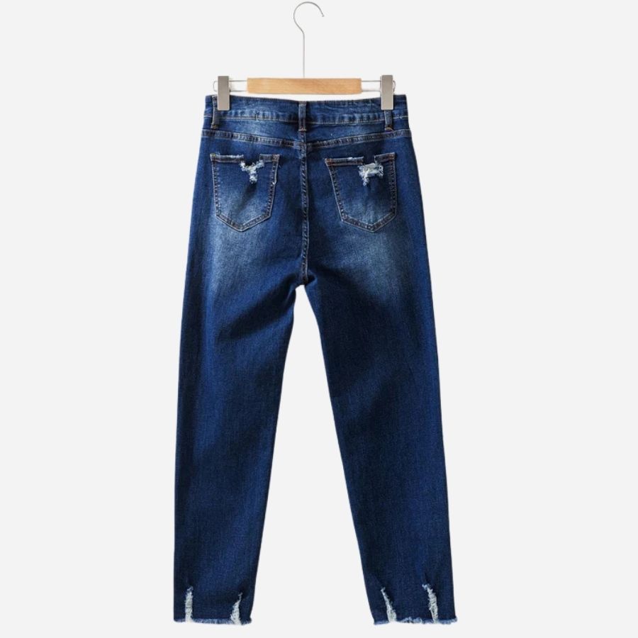 Women's jeans high waisted stretchy ripped distressed denim pants in navy, back view