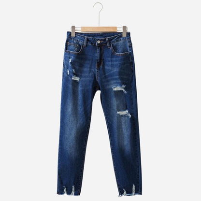 Women's jeans high waisted stretchy ripped distressed denim pants in navy, front view