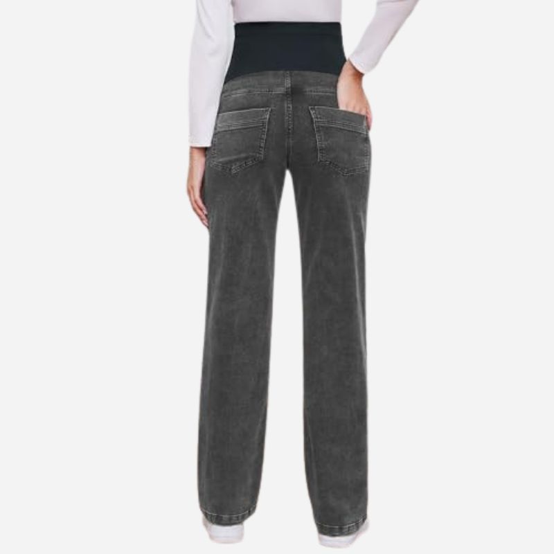 Women's maternity jeans straight leg pants relaxed fit pregnancy denim in black, back view