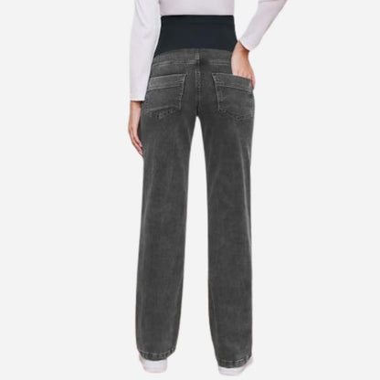 Women's maternity jeans straight leg pants relaxed fit pregnancy denim in black, back view