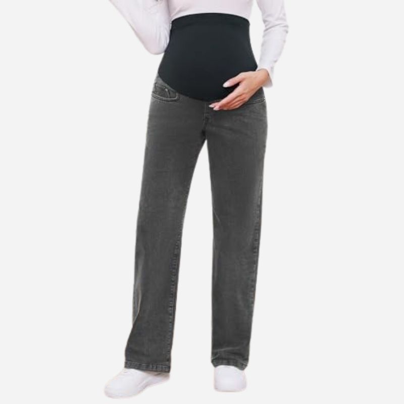 Women's maternity jeans straight leg pants relaxed fit pregnancy denim in black, front view