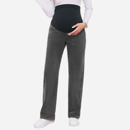 Women's maternity jeans straight leg pants relaxed fit pregnancy denim in black, front view