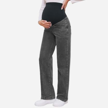 Women's maternity jeans straight leg pants relaxed fit pregnancy denim in black, side view