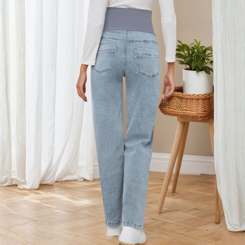 Women's maternity jeans straight leg pants relaxed fit pregnancy denim in blue, back view