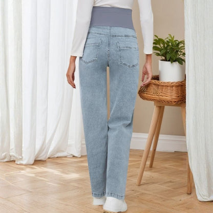Women's maternity jeans straight leg pants relaxed fit pregnancy denim in blue, back view