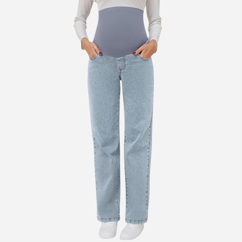 Women's maternity jeans straight leg pants relaxed fit pregnancy denim in blue, front view