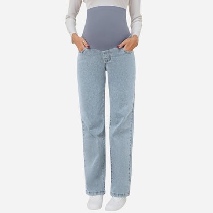 Women's maternity jeans straight leg pants relaxed fit pregnancy denim in blue, front view