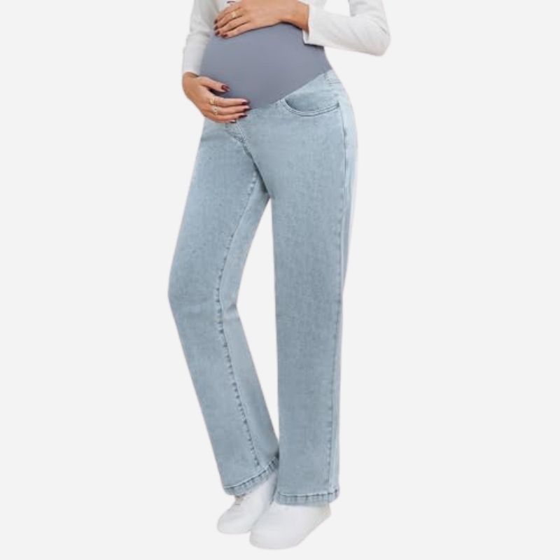 Women's maternity jeans straight leg pants relaxed fit pregnancy denim in blue, side view