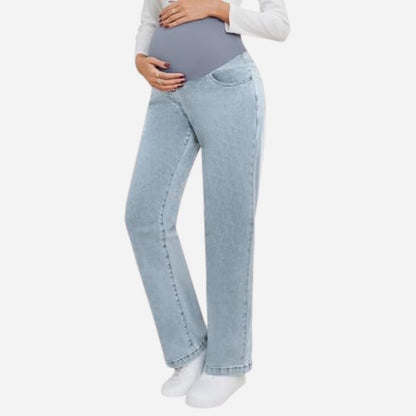 Women's maternity jeans straight leg pants relaxed fit pregnancy denim in blue, side view