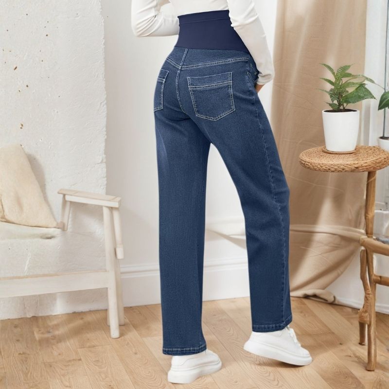 Women's maternity jeans straight leg pants relaxed fit pregnancy denim in navy, back view
