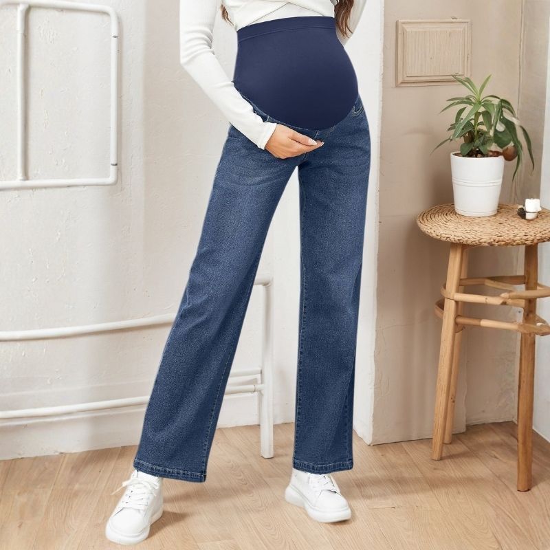 Women's maternity jeans straight leg pants relaxed fit pregnancy denim in navy, front view