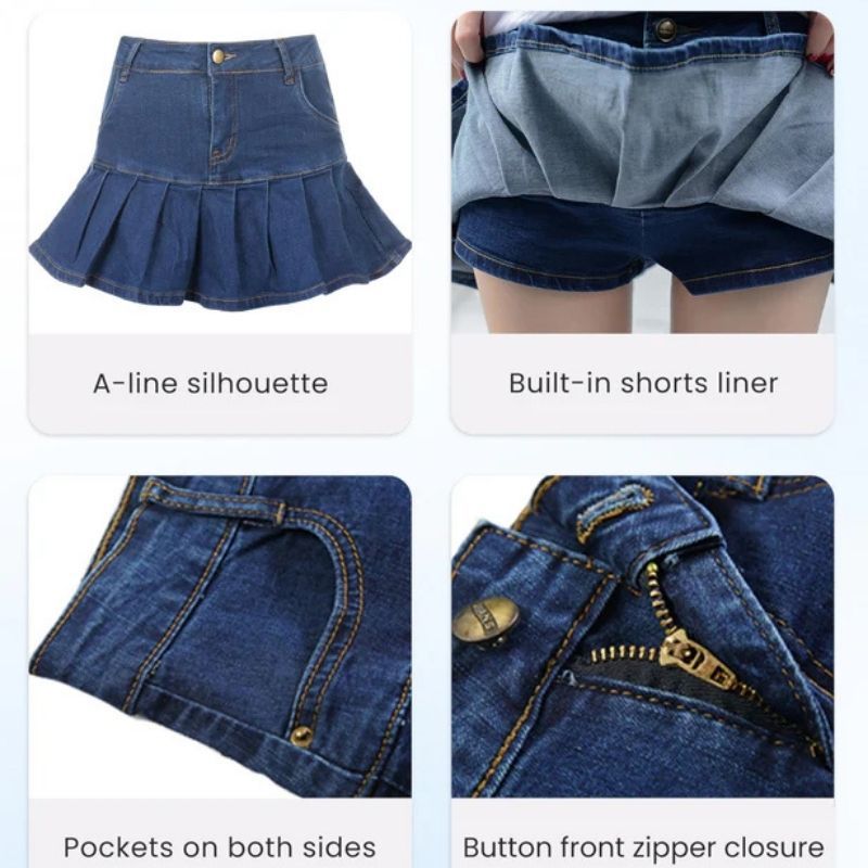 Women’s pleated a-line mini denim skirt in navy, details view