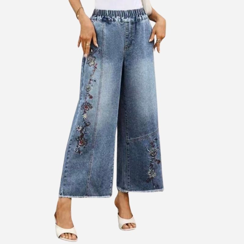 Women's floral embroidered pull on denim straight wide leg baggy jeans
