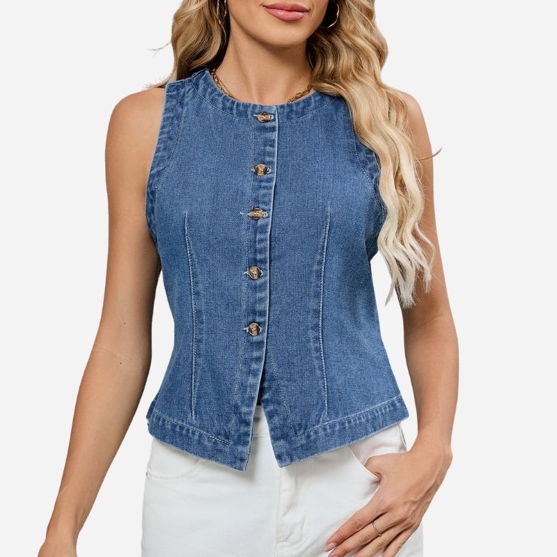 Women's Button Front Fitted Denim Vest Sleeveless Jean Top in blue, front view