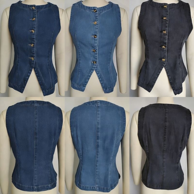Women's Button Front Fitted Denim Vest Sleeveless Jean Top, front and back views