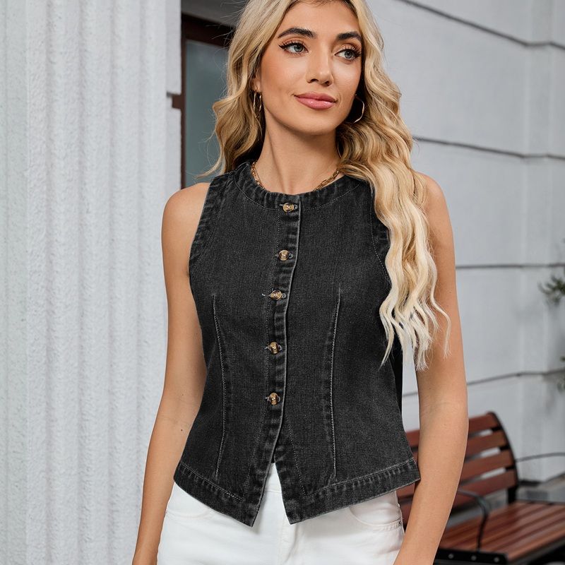 Women's Button Front Fitted Denim Vest Sleeveless Jean Top in black, front view
