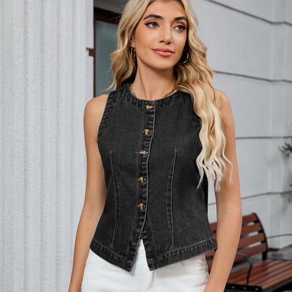 Women's Button Front Fitted Denim Vest Sleeveless Jean Top in black, front view