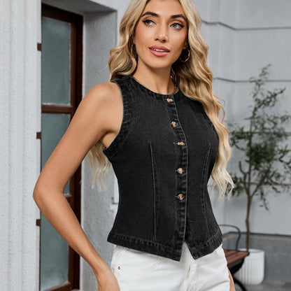 Women's Button Front Fitted Denim Vest Sleeveless Jean Top in black, side view
