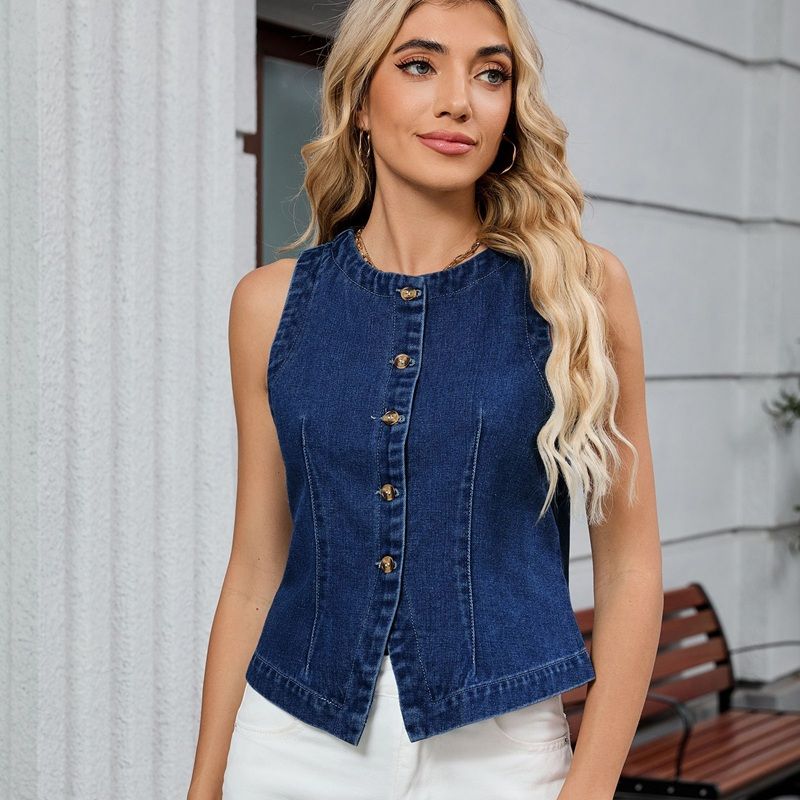 Women's Button Front Fitted Denim Vest Sleeveless Jean Top in navy, front view