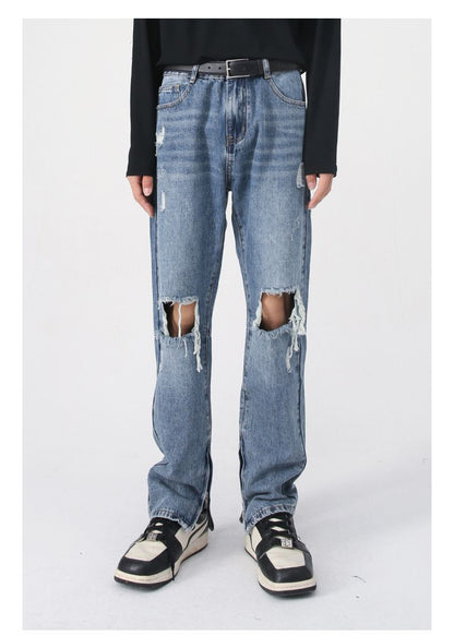Y2K Distressed Straight Leg Ripped Jeans for Men Hip Hop Streetwear Denim