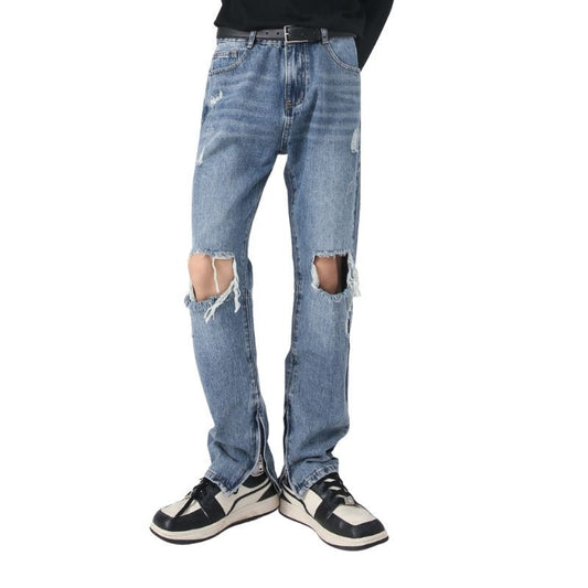 Y2K Distressed Straight Leg Ripped Jeans for Men Hip Hop Streetwear Denim