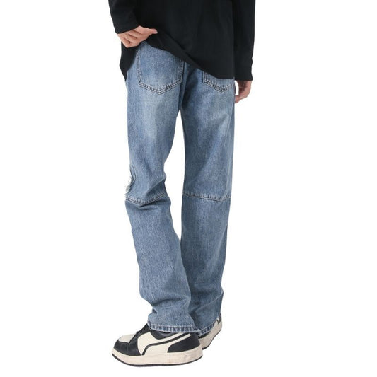 Y2K Distressed Straight Leg Ripped Jeans for Men Hip Hop Streetwear Denim