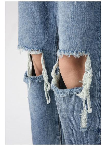 Y2K Distressed Straight Leg Ripped Jeans for Men Hip Hop Streetwear Denim