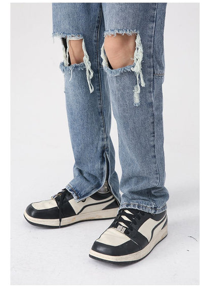 Y2K Distressed Straight Leg Ripped Jeans for Men Hip Hop Streetwear Denim