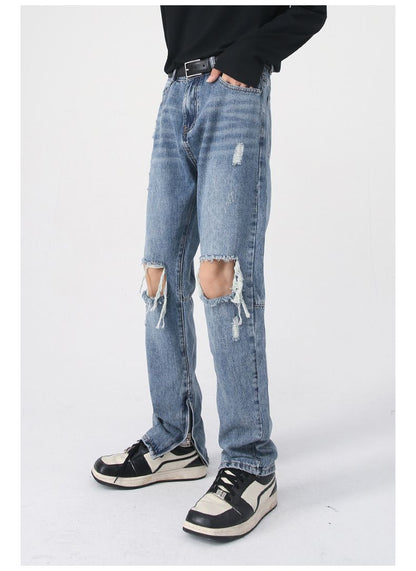 Y2K Distressed Straight Leg Ripped Jeans for Men Hip Hop Streetwear Denim