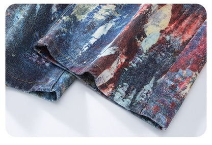 Y2K Men's Graffiti 3D Print Paint Splash Jeans Streetwear Wide Leg Rainbow Denim